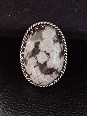 Natural Snowflake Obsidian Oval Silver Statement Ring Sz 7.5